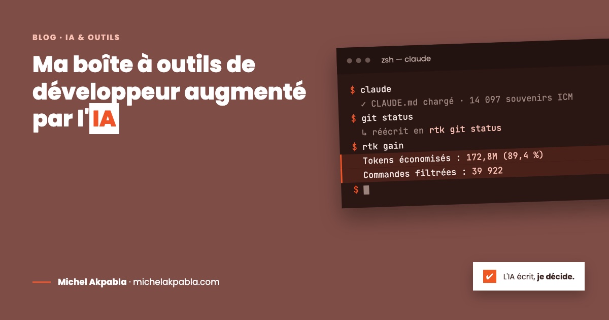 Terminal où Claude Code démarre avec son contexte et sa mémoire, les commandes sont filtrées par RTK : 172,8 millions de tokens économisés. L'IA écrit, je décide.