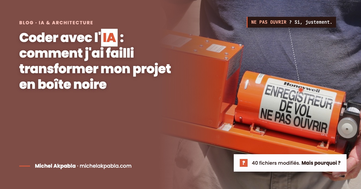 Enregistreur de vol orange marqué « Enregistreur de vol, ne pas ouvrir », annoté : « Ne pas ouvrir ? Si, justement. » 40 fichiers modifiés. Mais pourquoi ?