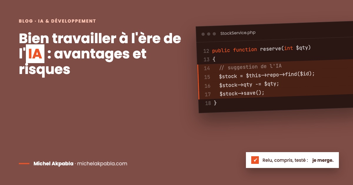 Éditeur de code où des lignes suggérées par l'IA sont surlignées, validées par le développeur : relu, compris, testé, je merge.