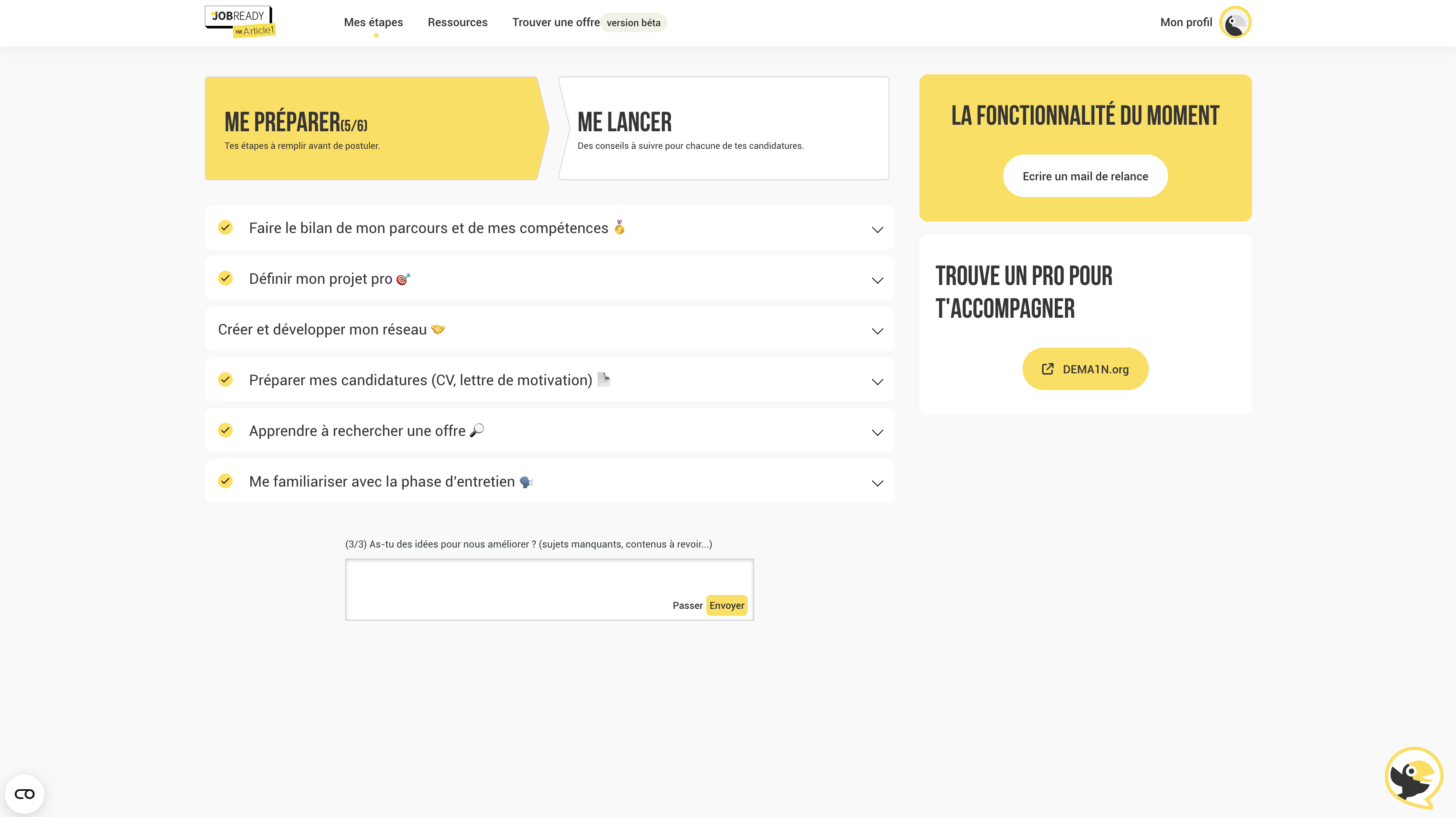 Interface JobReady — Parcours gamifié
