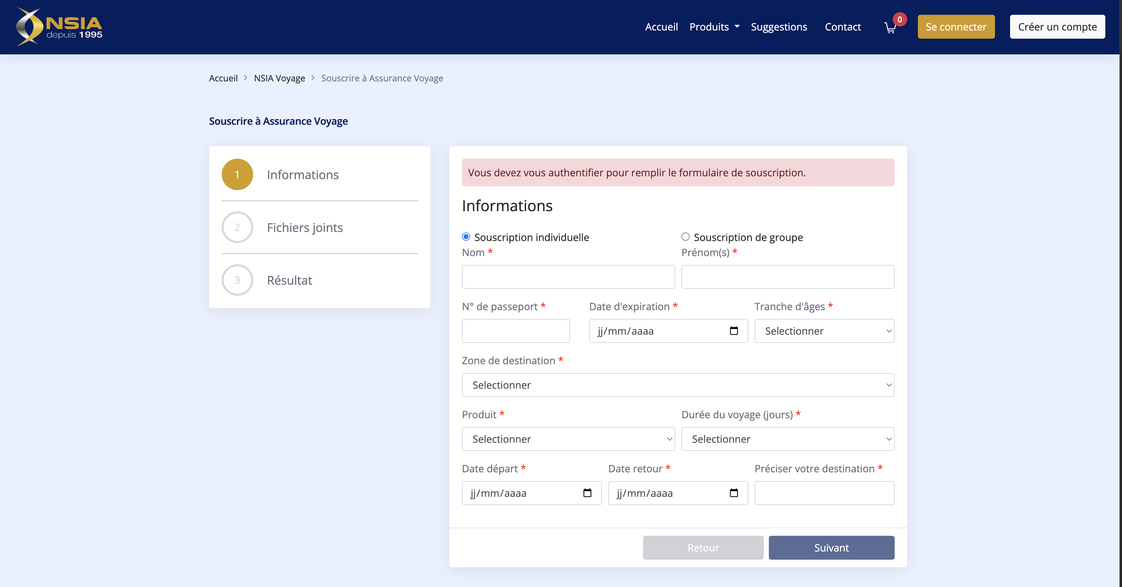 Page d'accueil de l'application